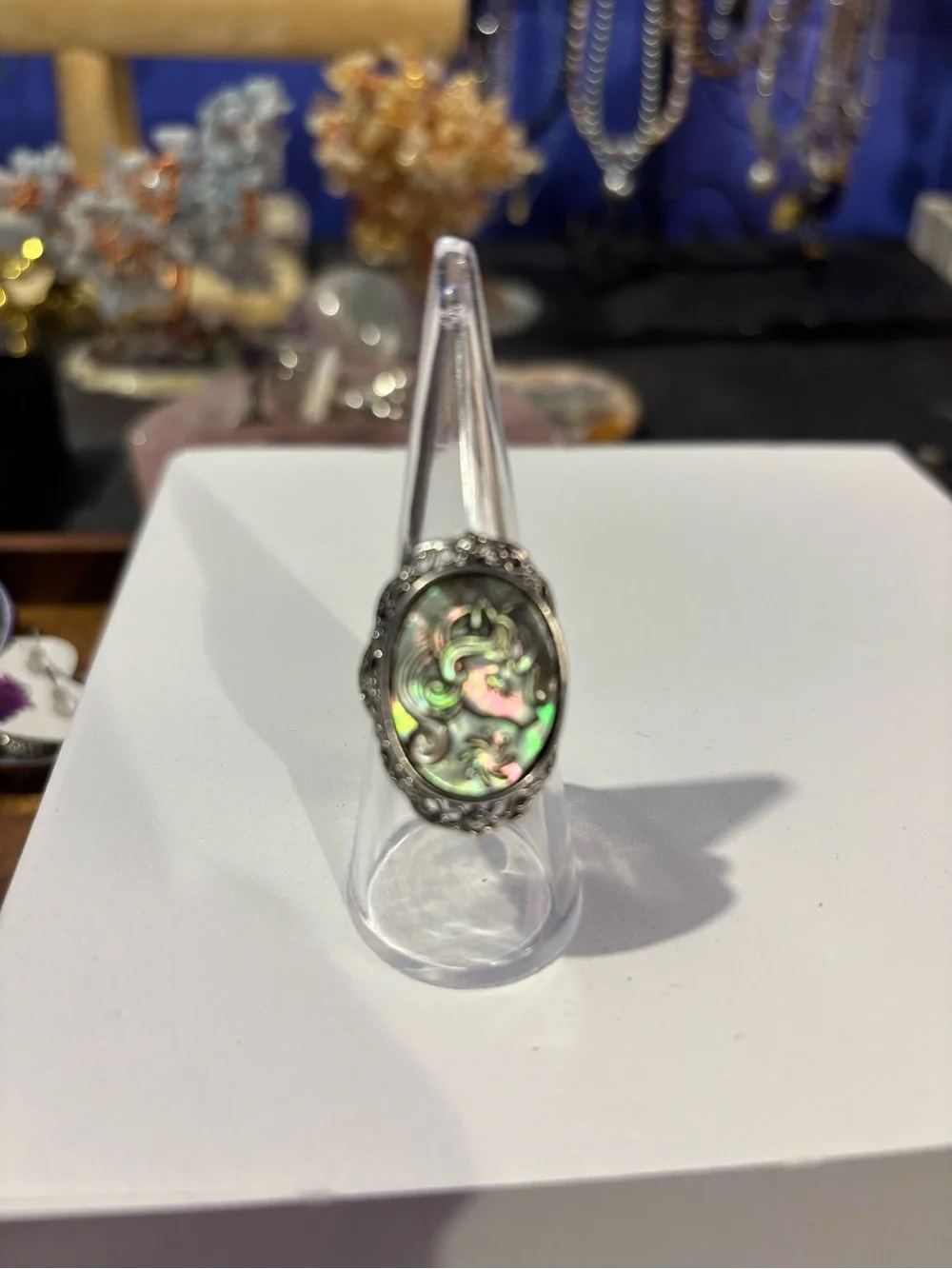 Abalone Inlay Silver Cocktail Ring - Iridescent Green & Pink
